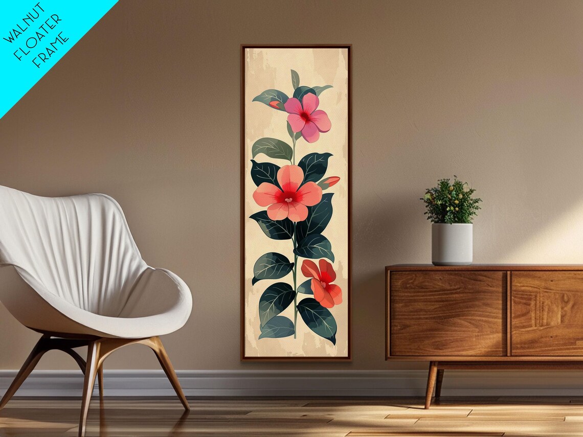Minimalist Pink Hibiscus Flowers Teal Leaves Japanese Art Poster - Image 4