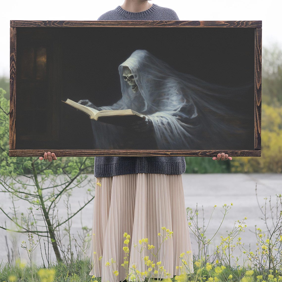 Hooded Ghost Reading Book Dark Background Spooky Phantom Art Poster - Image 2
