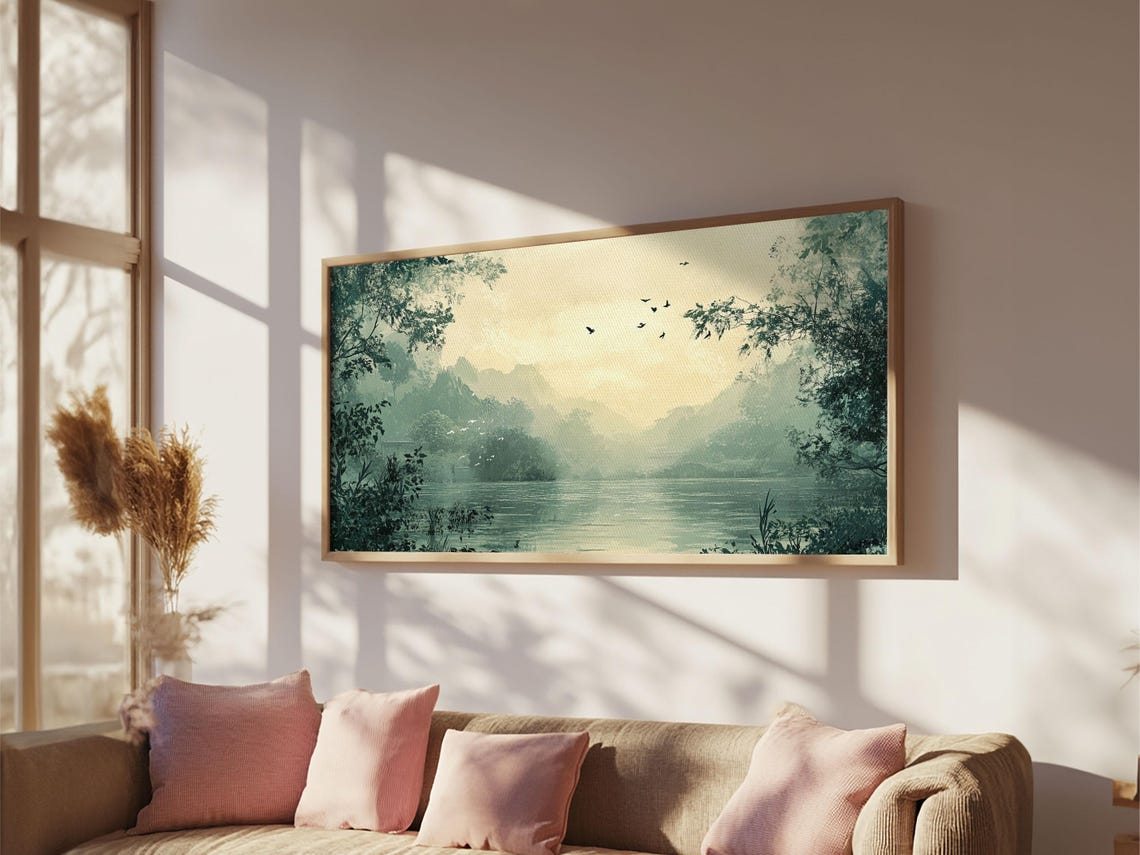 Serene Misty Lake Dawn Birds Calm Water Vintage Landscape Poster - Image 4