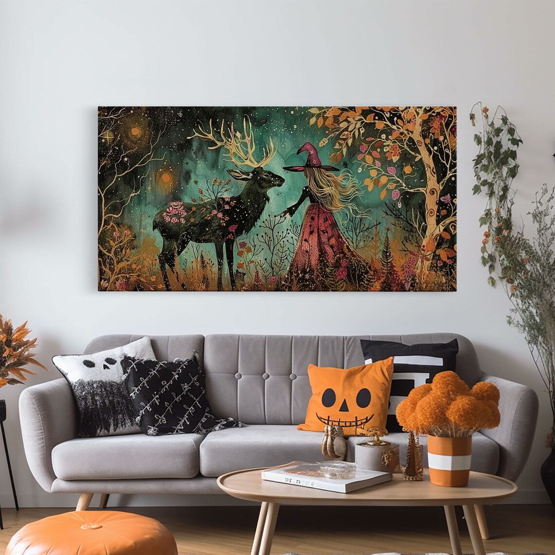 Victorian Witch With Deer Familiar In Starry Autumn Forest Art Print - Image 6