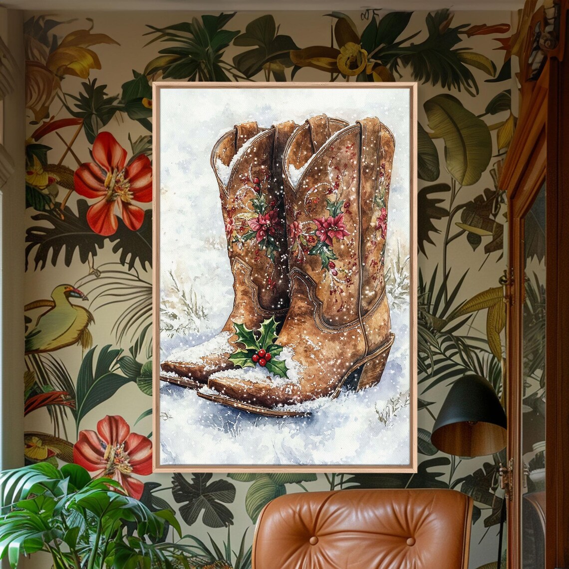 Cowboy Boots With Christmas Poinsettias In Snow Western Holiday Poster - Image 3