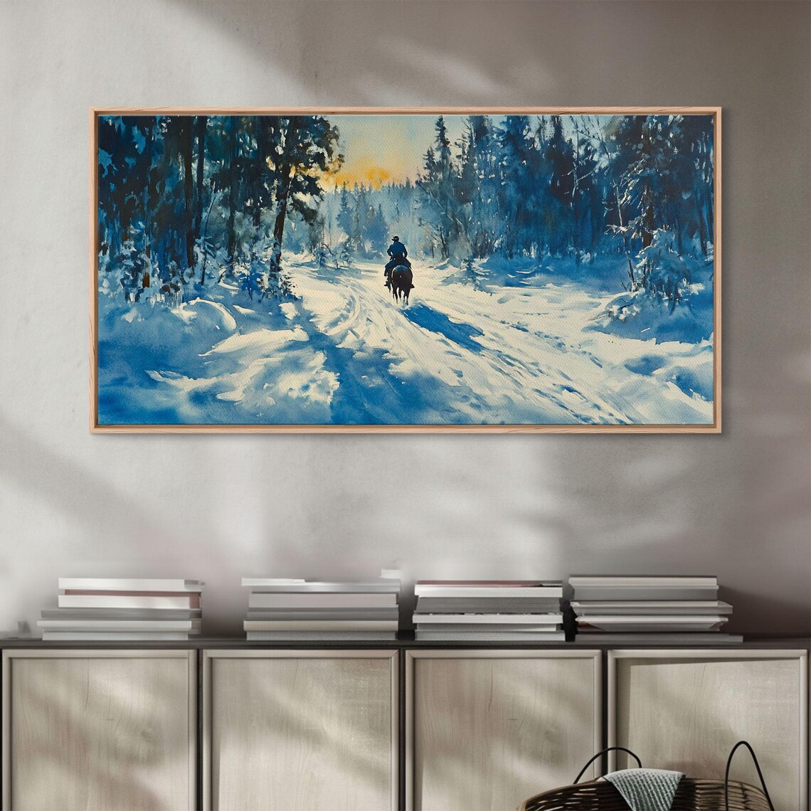 Lone Horse Rider On Snowy Forest Trail Winter Sunset Art Print - Image 2