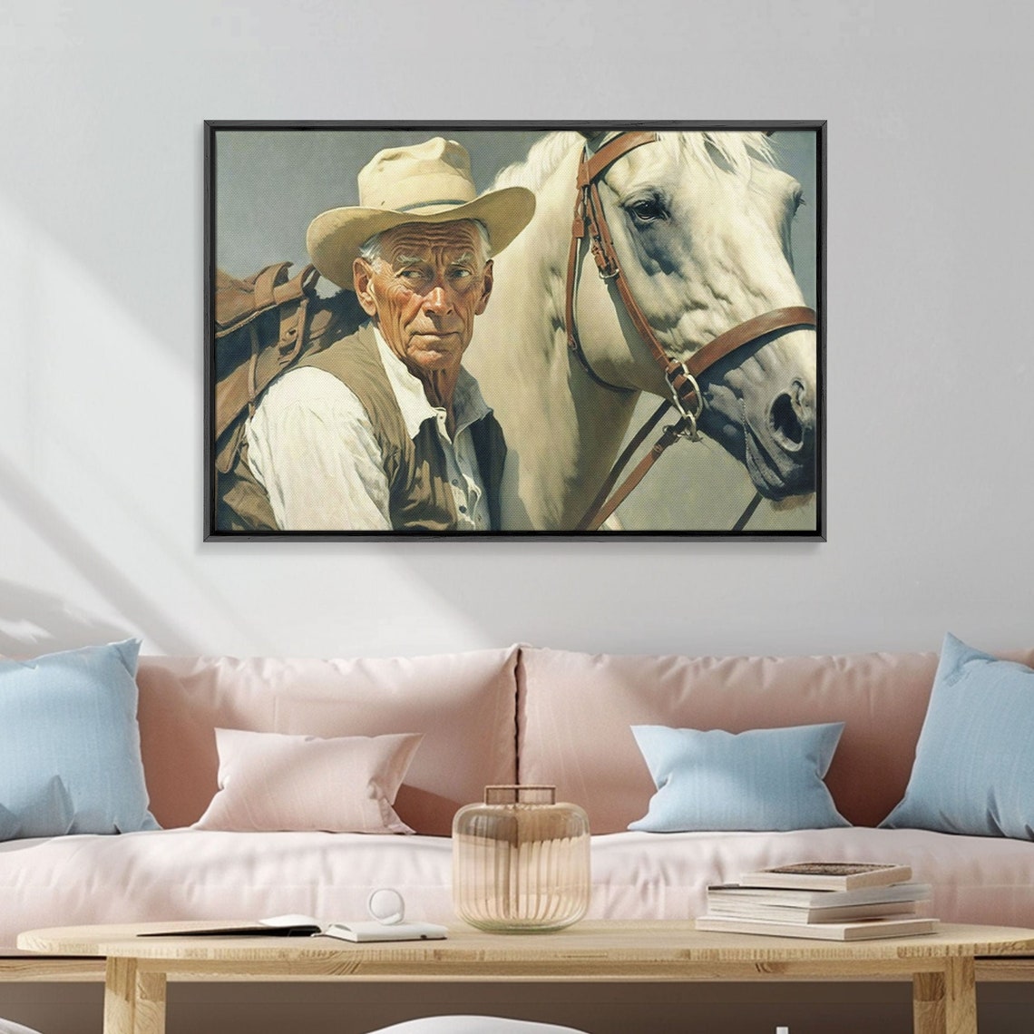 Weathered Cowboy White Horse Portrait Vintage Western Rustic Wall Art - Image 5