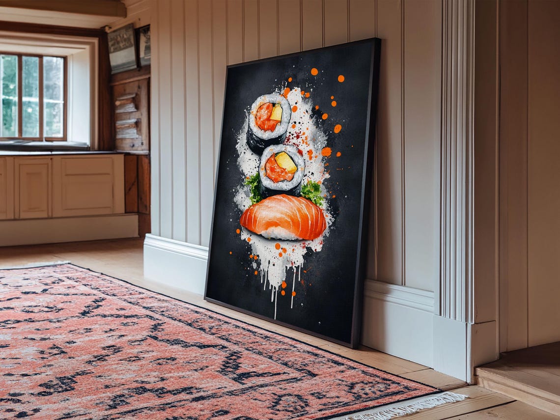 Abstract Oil Painting Print Of Sushi On Black Background Food Review Kitchen Art Kitchen Decor Wabi Sabi Wall Art Sushi Painting - Image 3