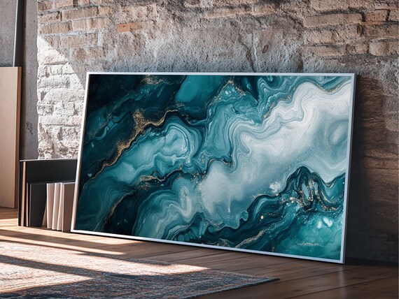 Abstract Teal Fluid Art Print Coastal Wall Art Teal Wall Art Nautical Decor Moody Art Coastal Decor Living Room Art Gift Idea