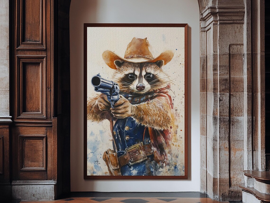 Cowboy Raccoon Holding Revolver Funny Western Animal Watercolor Print - Image 2