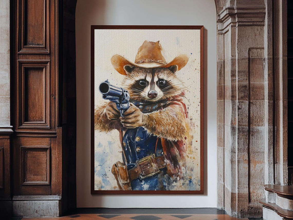 Rootin Tootin Racoon Cowboy Framed Print Ready To Hang Racoon Painting - Image 2