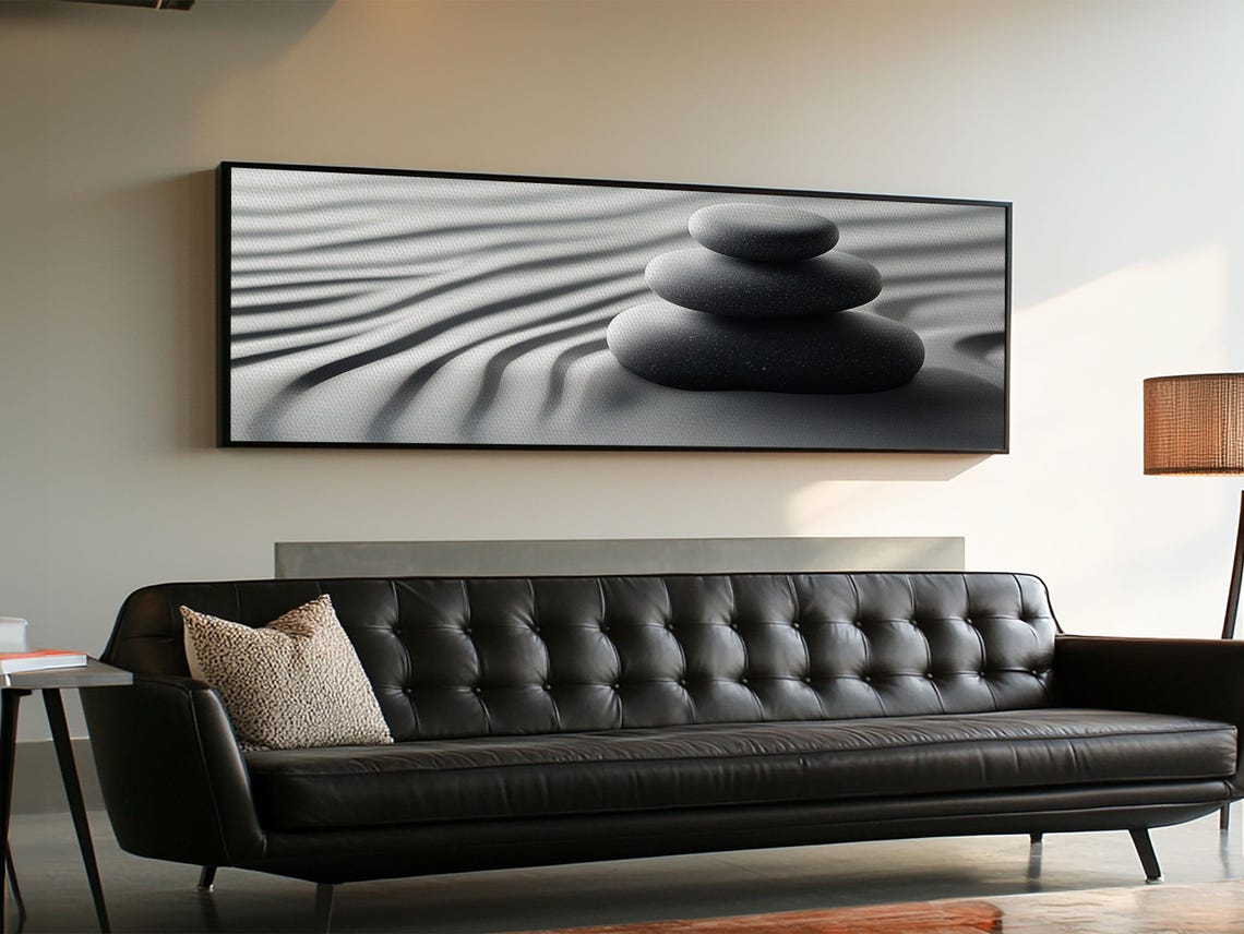Zen Garden Stacked Stones Panoramic Black Sand Monochrome Art Poster - Image 4
