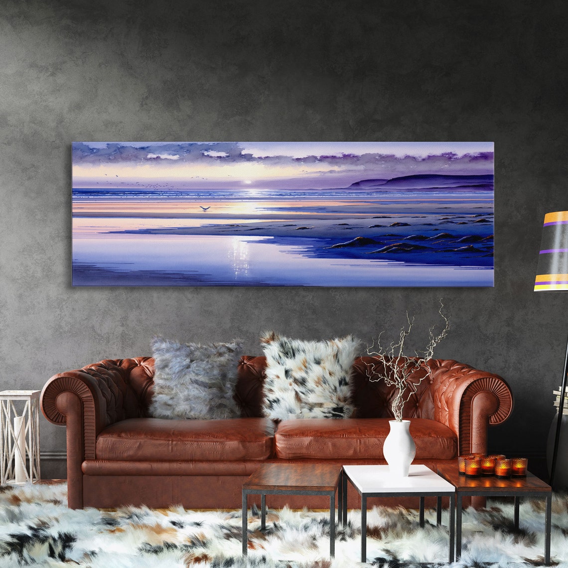 Panoramic Violet Beach Sunset Watercolor Waves Reflections Wall Poster - Image 3