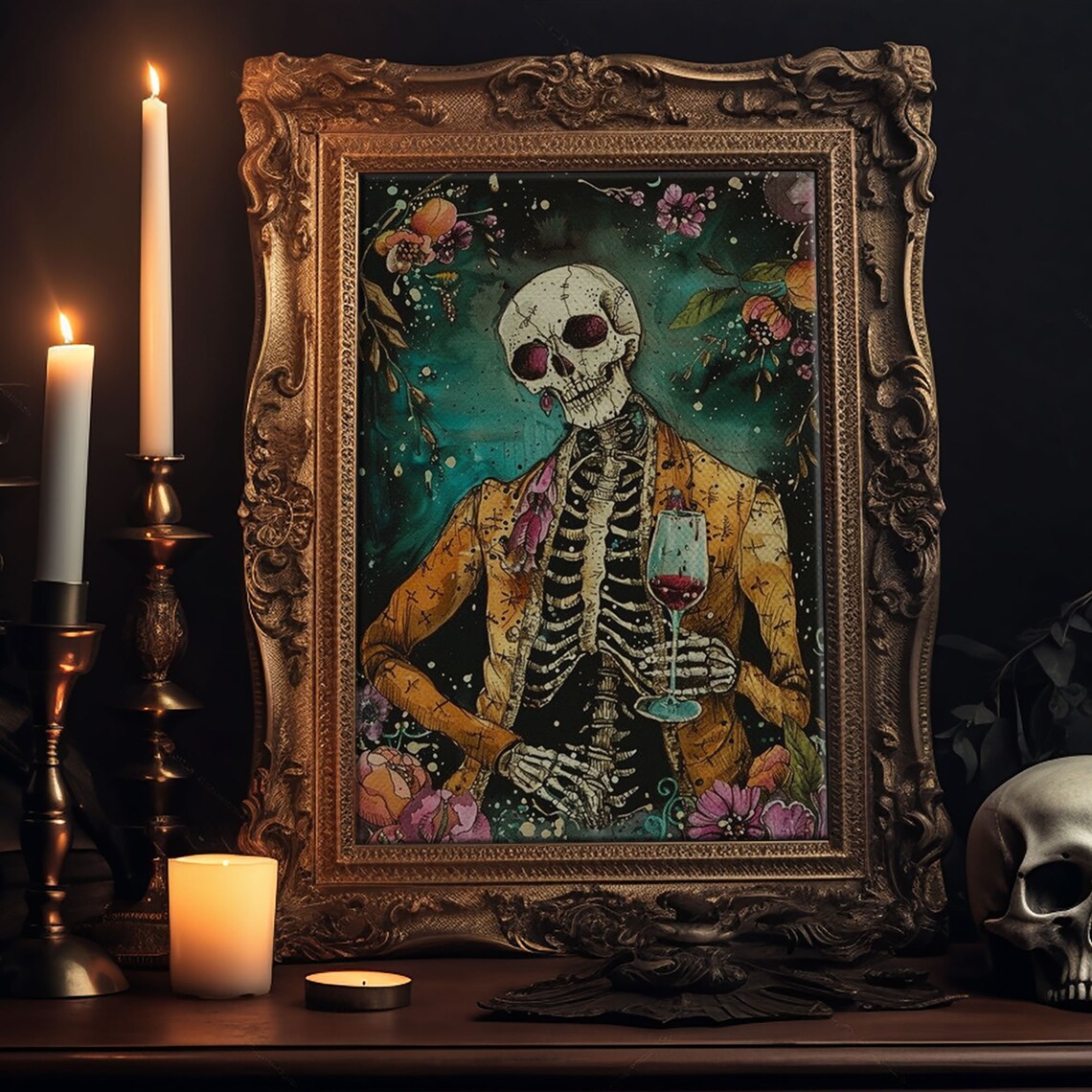 Colorful Day Of Dead Skeleton Gentleman Wine Glass Art Poster - Image 6
