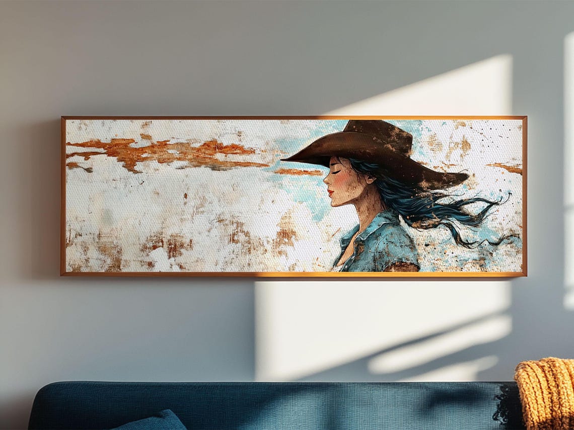 Cowgirl Profile Wide Brim Hat Windblown Hair Western Wall Poster - Image 3