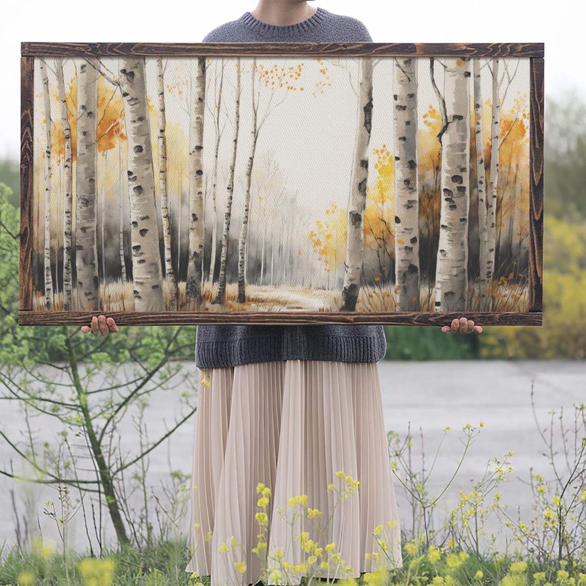 Abstract Birch Trees Watercolor Tall White Trunks Golden Autumn Poster - Image 2