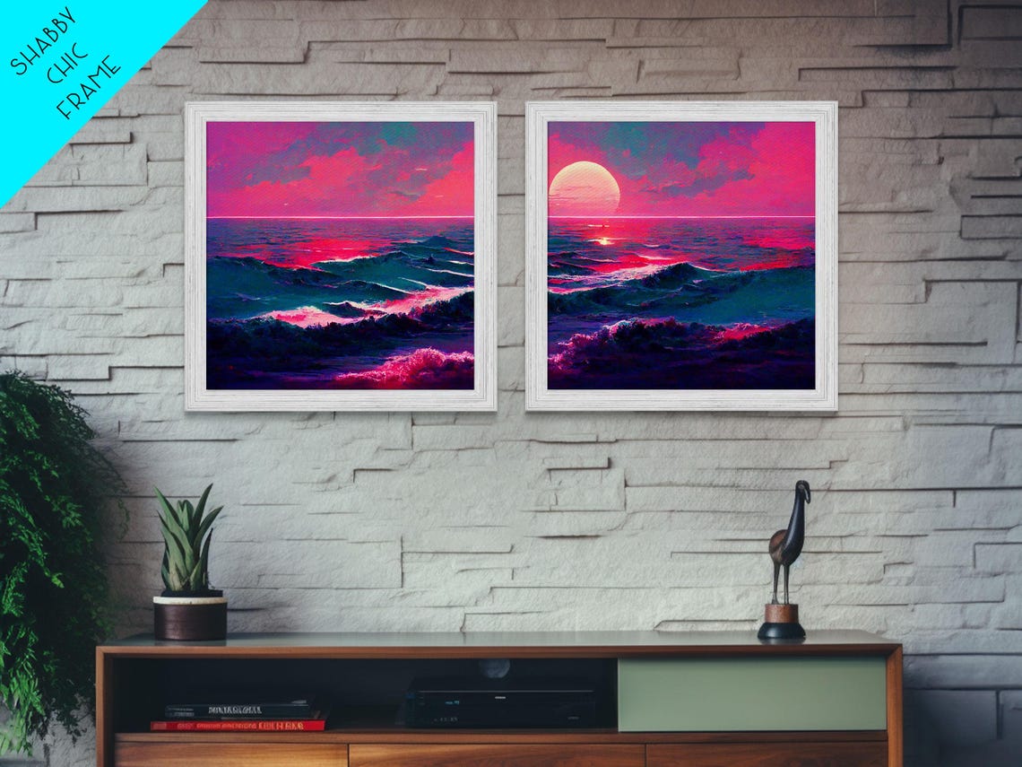 Synthwave Ocean Sunset Two Piece Retro Neon Pink Outrun Wall Art - Image 2