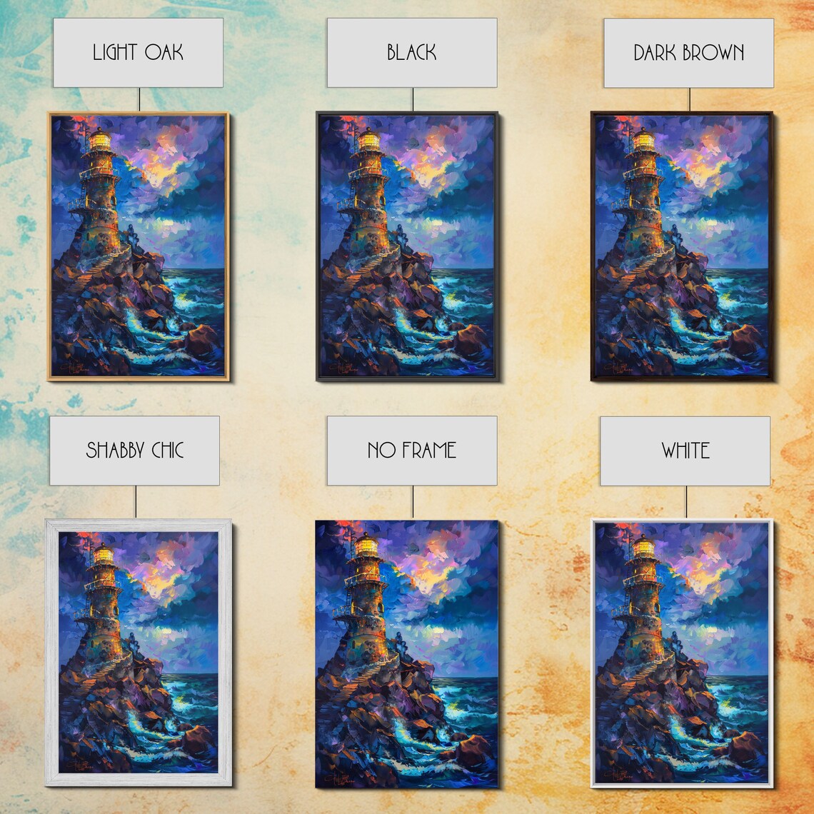 Stormy Lighthouse On Rocky Cliff Vivid Sunset Seascape Art Poster - Image 3