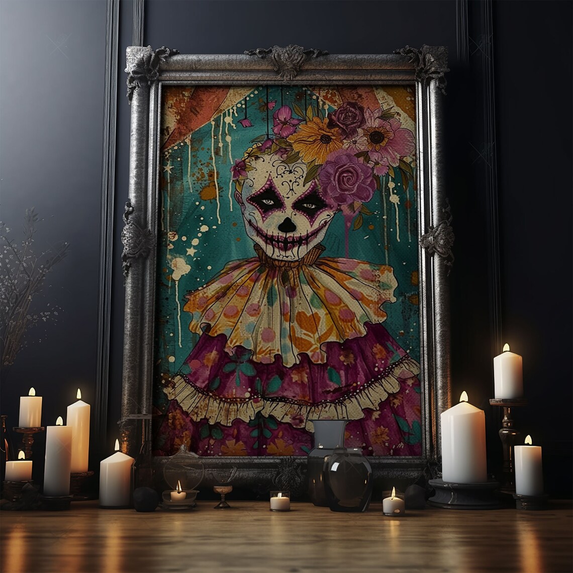 Day Of Dead Doll Floral Crown Sugar Skull Halloween Art Poster - Image 4