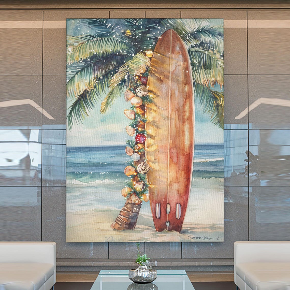 Christmas Surfboard With Garland And Seashells By Palm Tree Poster - Image 4
