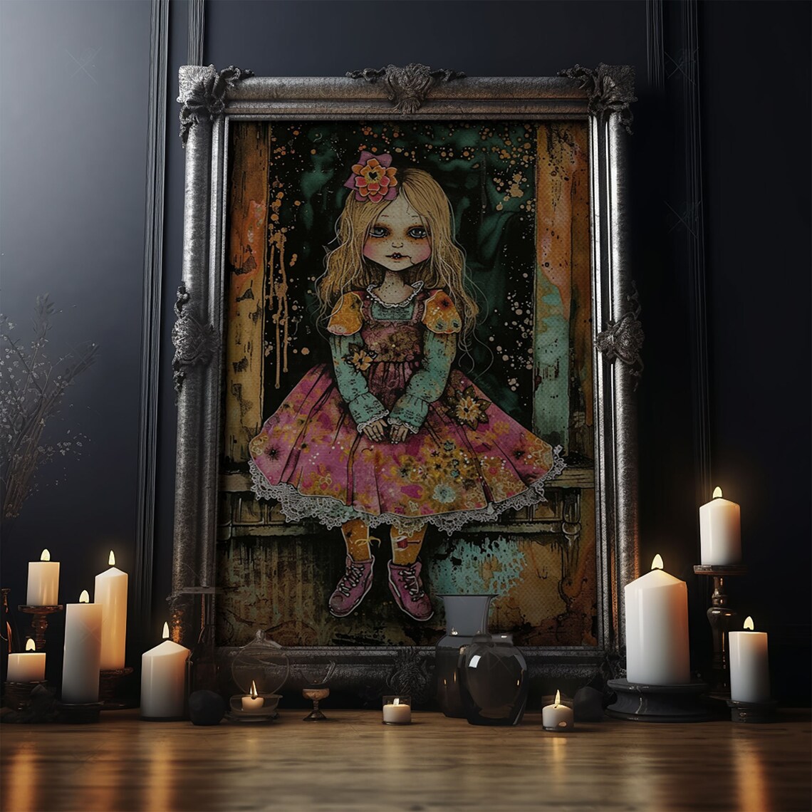 Creepy Doll Girl Pink Floral Dress Vintage Spooky Doll Art Poster - Image 4