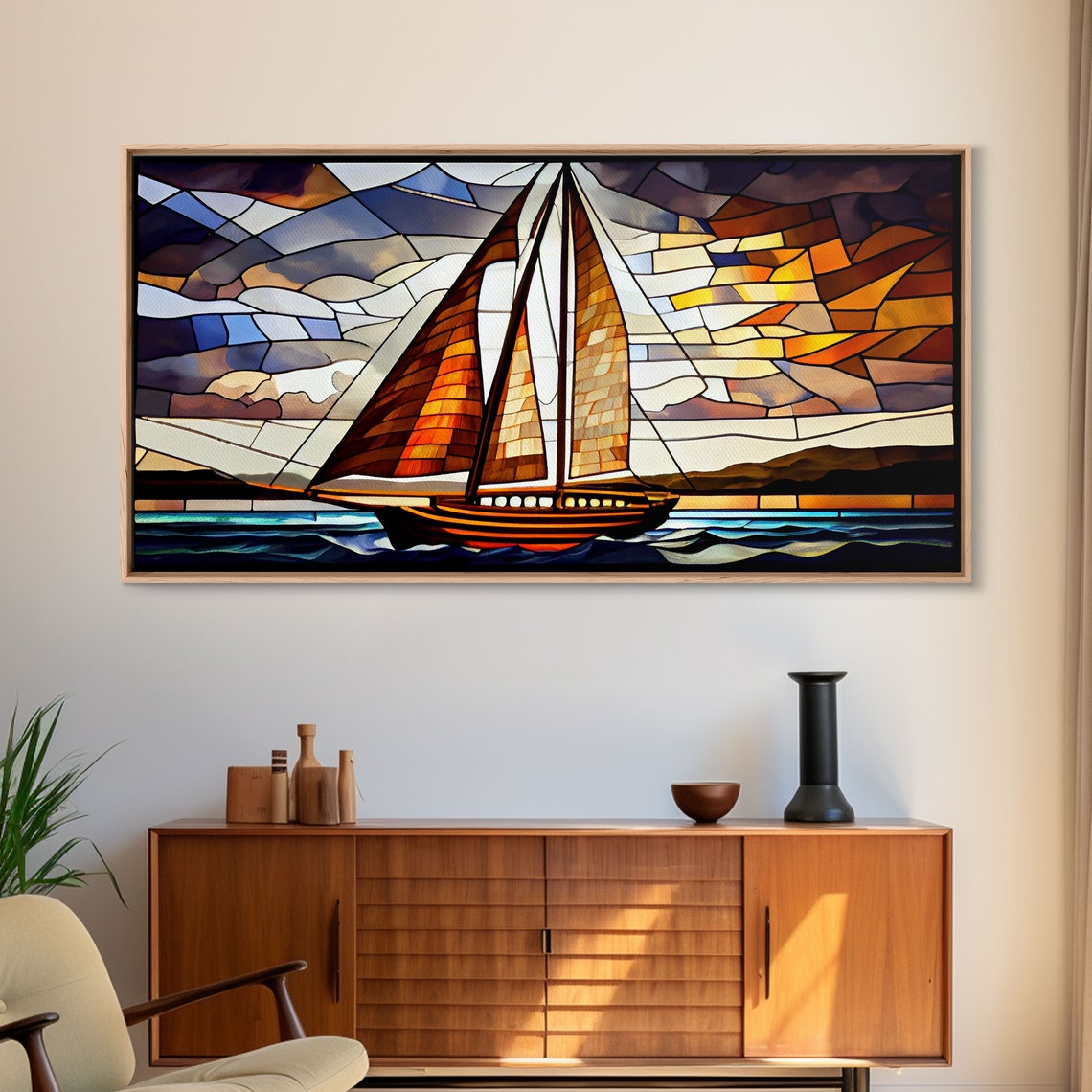 Art Deco Stained Glass Sailing Ship Golden Sails Ocean Wave Art Poster