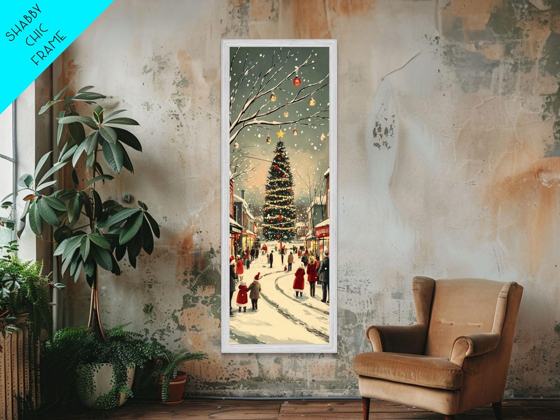 Christmas Tree Town Square Snowy Night Vintage Holiday Poster
