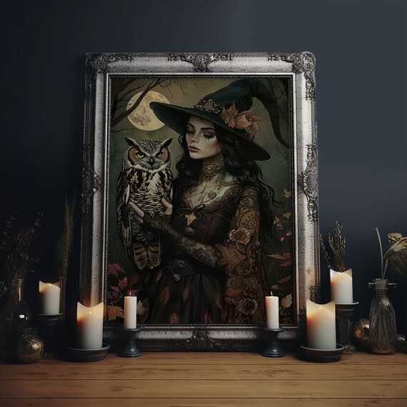 Witch Holding Great Horned Owl Under Full Moon Autumn Night Poster