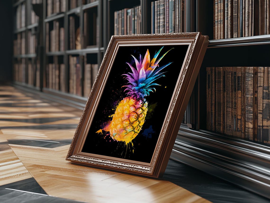 Neon Pineapple Watercolor On Black Background Tropical Wall Art Print - Image 6