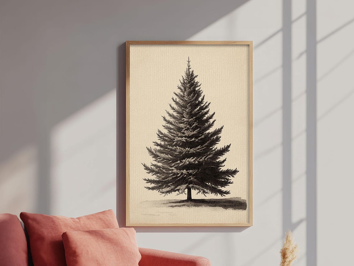 Pine Christmas Tree Pencil Sketch Minimalist Black White Wall Poster - Image 3