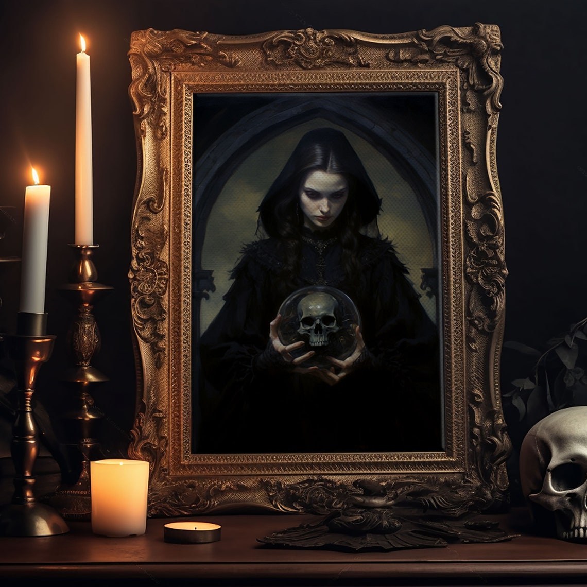 Gothic Fortune Teller Crystal Ball Skull Dark Witchy Art Poster