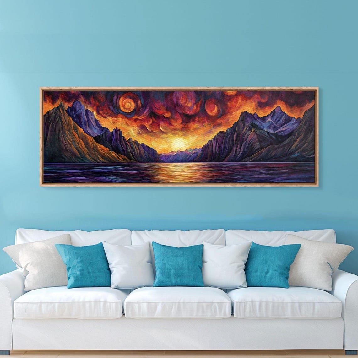 Fiery Sunset Over Dark Fjord Mountains Swirling Sky Fantasy Poster - Image 5