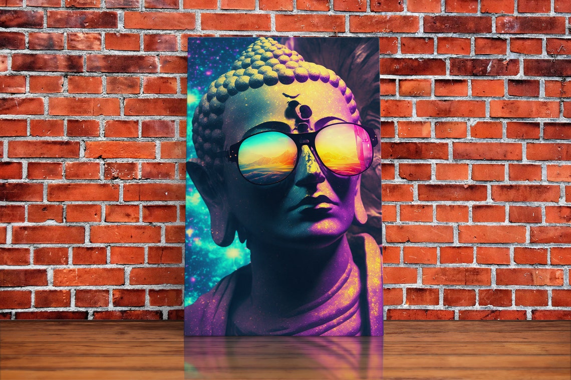 Open Your Mind Psychedelic Buddha Statue Wearing Aviators Sunglasses Meditation Art Framed Print Color Pop Art