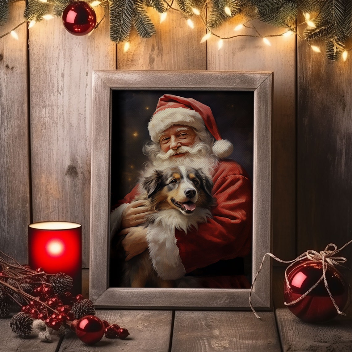 Santa Claus Hugging Australian Shepherd Puppy Christmas Poster