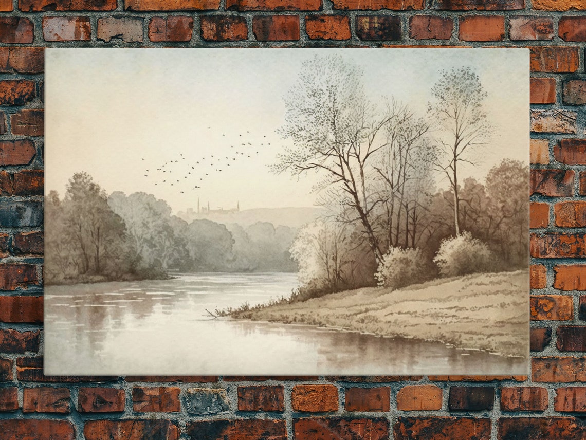Vintage River Landscape Birds Trees Soft Sepia Countryside Art Poster - Image 6