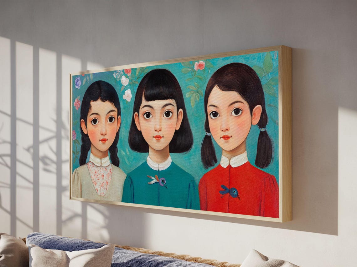 Three Girls Floral Portrait Whimsical Sisters Painting Wall Poster