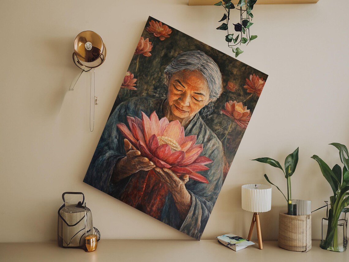 Elderly Woman Holding Lotus Flower Spiritual Zen Painting Poster - Image 5