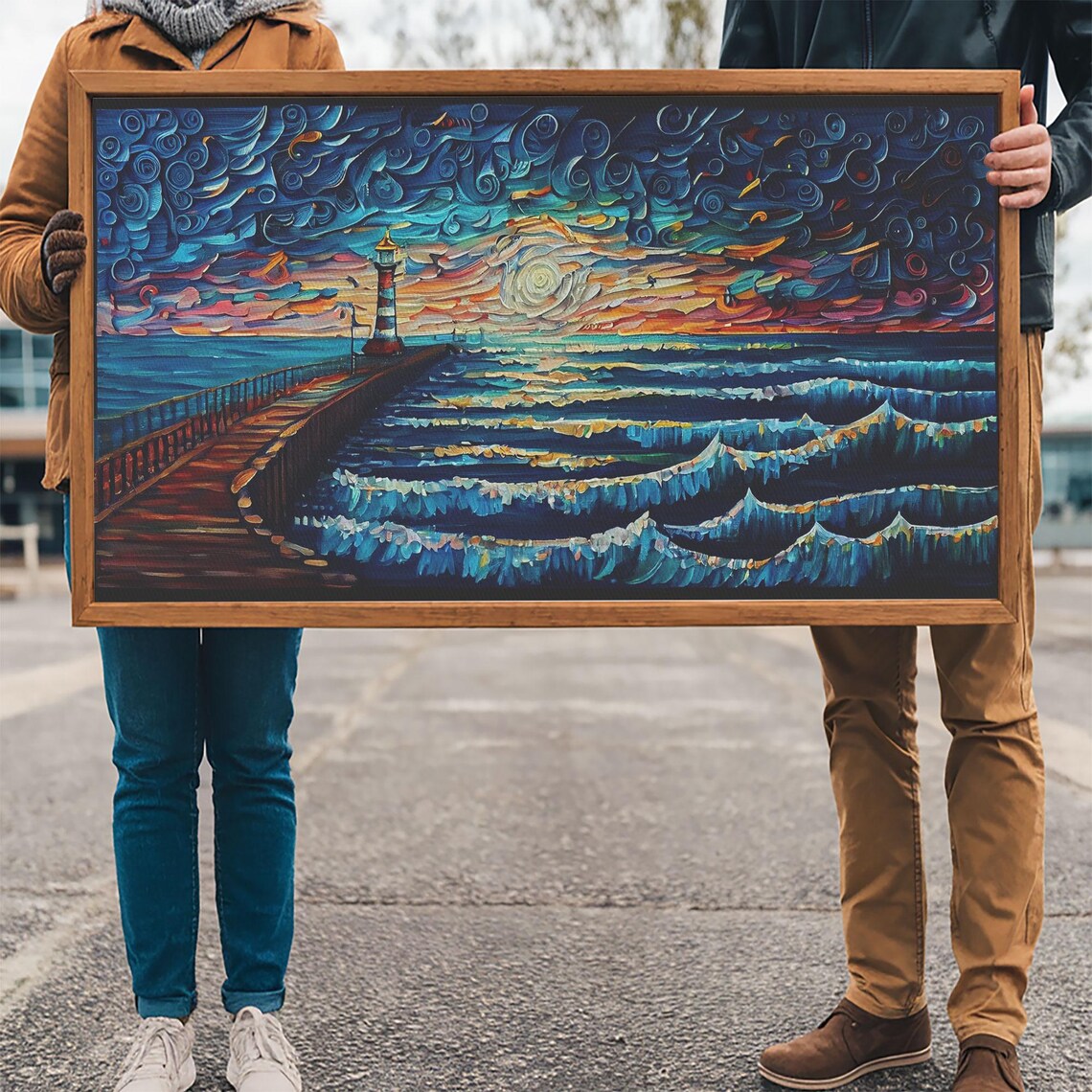Starry Night Lighthouse Pier Crashing Waves Impasto Ocean Painting Poster - Image 3