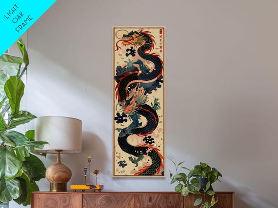 Japanese Dragon Wood Block Print, Cream Background