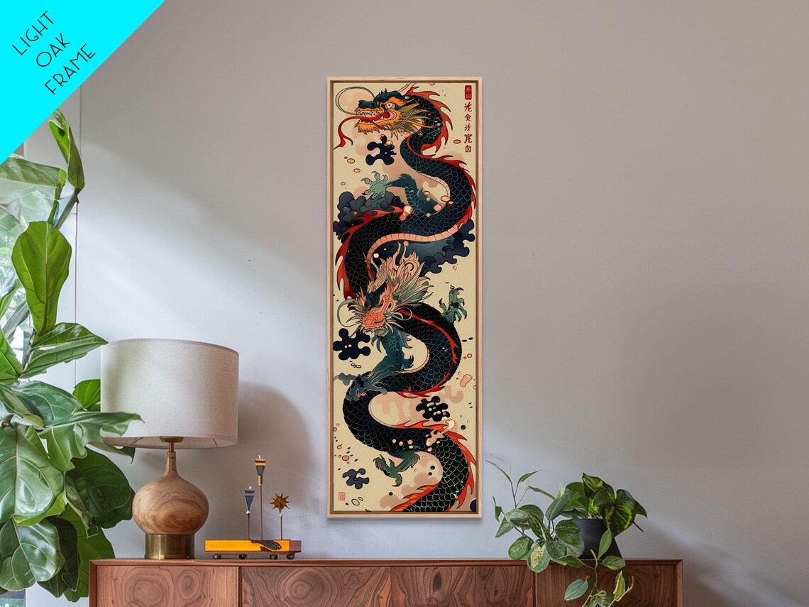 Japanese Dragon Wood Block Print, Cream Background