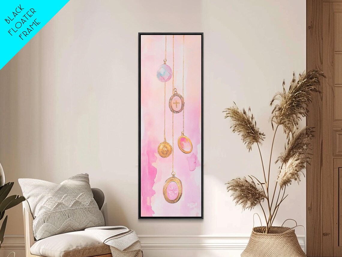 Pink Gemstone Pendant Necklaces Watercolor Gold Chains Vertical Art Poster - Image 2