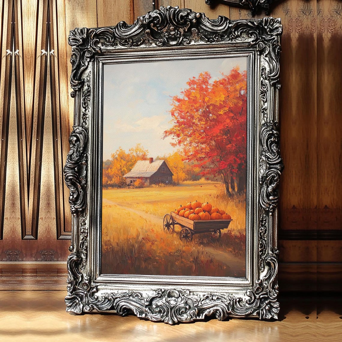 Pumpkin Cart In Golden Fall Field Rustic Barn Harvest Poster - Image 3