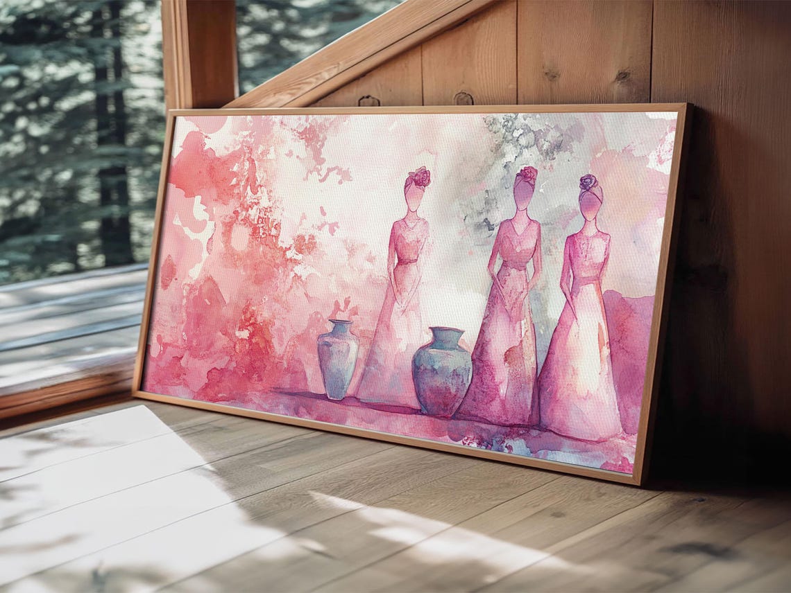 Pink Abstract Women With Vases Wide Wabi Sabi Watercolor Wall Art - Image 3