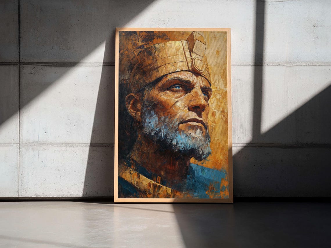 Ancient Warrior King Golden Crown Bearded Ruler Epic Portrait Wall Art - Image 4