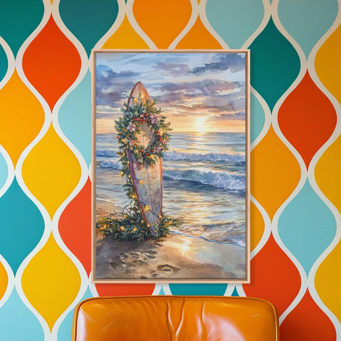 Christmas Surfboard Decorated With Garland On Beach Sunset Poster - Image 3