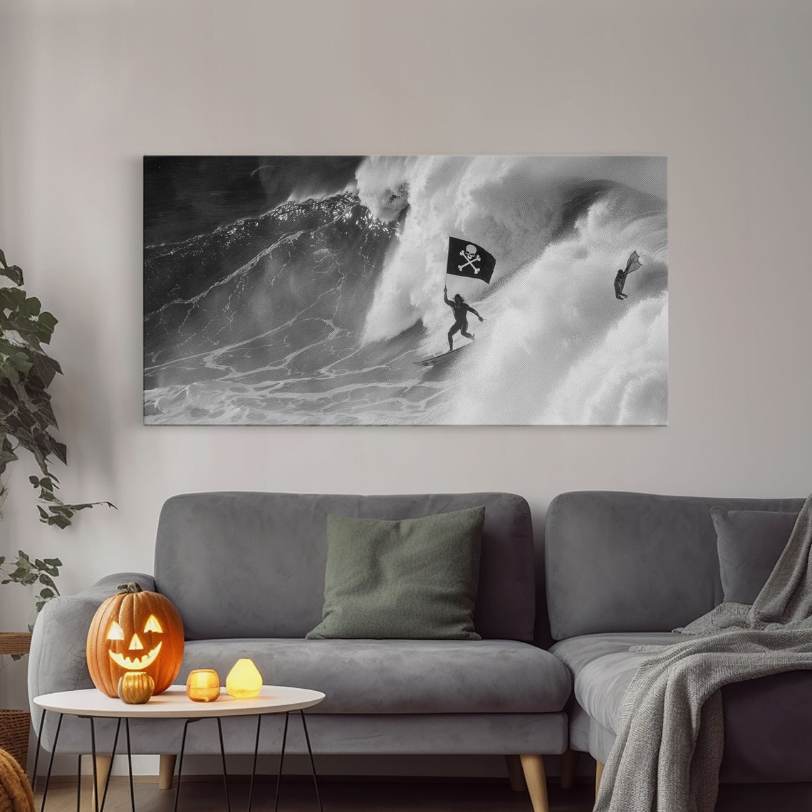 Surfer Waving A Skull And Crossbones Flag While Surfing Framed Print Cool Modern Art Office Mancave Decor Gift For Him - Image 4