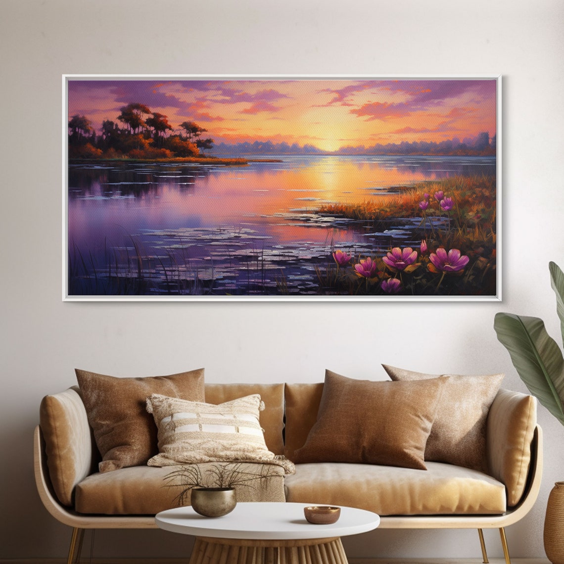 Lake Sunset With Lotus Flowers Purple Orange Reflections Art Poster - Image 5