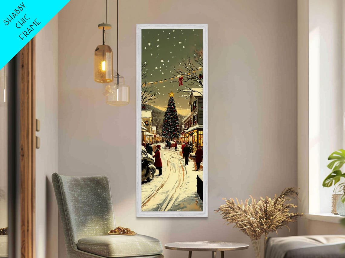 Snowy Christmas Market Street Tree Lights Festive Night Wall Art