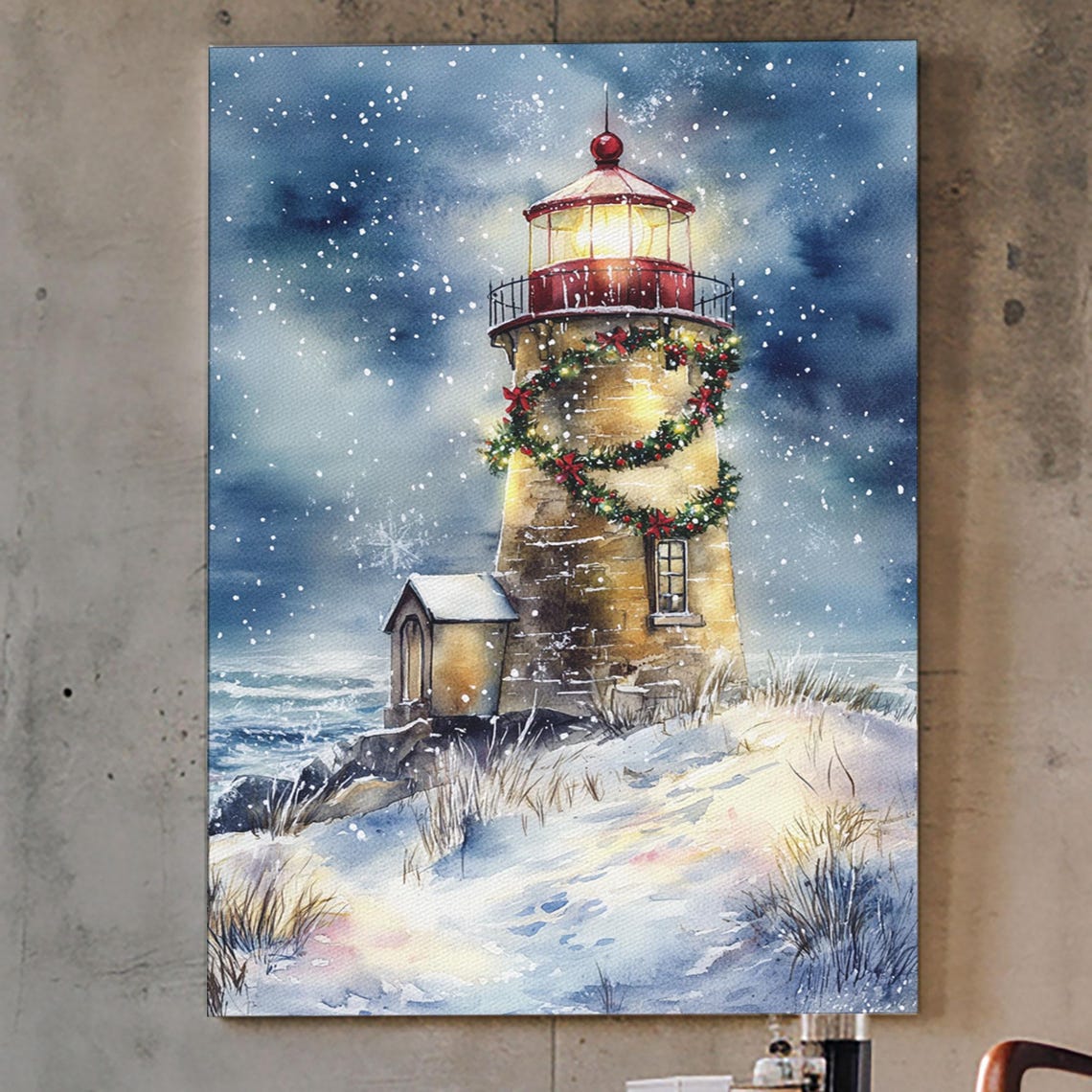 Snowy Lighthouse With Christmas Wreath Under Moonlit Sky Poster - Image 3