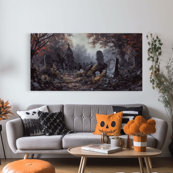 Haunted Cemetery Halloween Art Print, Spooky Decor
