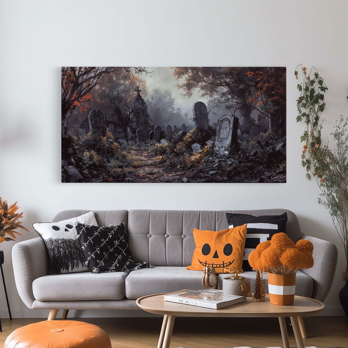 Haunted Cemetery Halloween Art Print, Spooky Decor