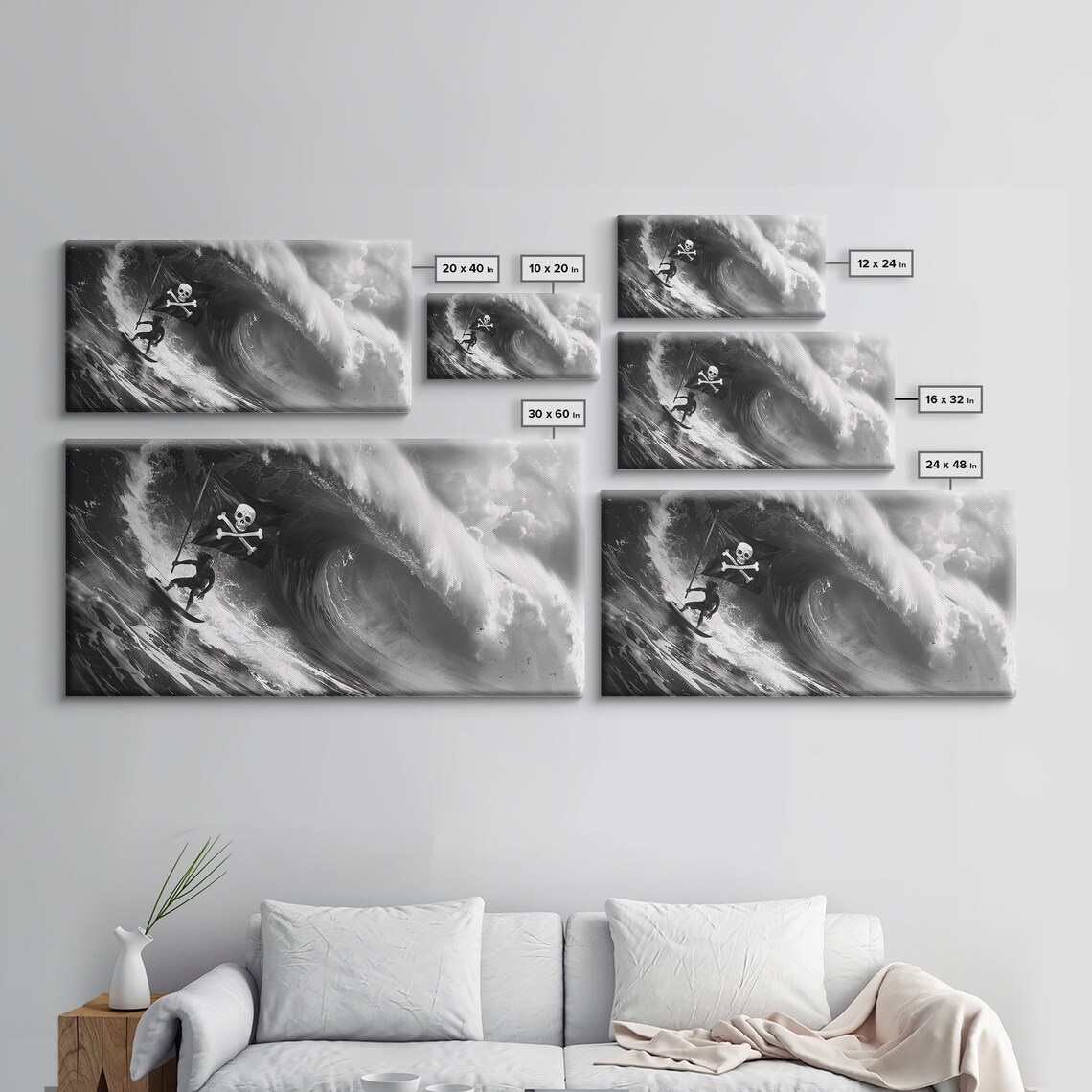 Surfer Riding Giant Wave With Skull Pirate Flag Black White Photo Print - Image 2
