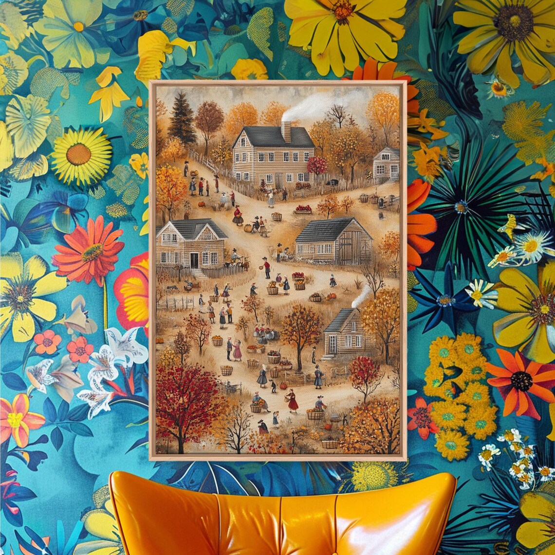 Folk Art Harvest Scene, Autumn Wall Art Print - Image 2