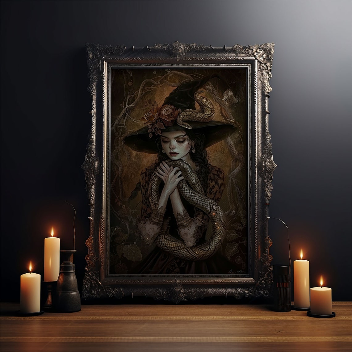 Mysterious Witch Holding Serpent Snake Coiled Dark Fantasy Poster - Image 4